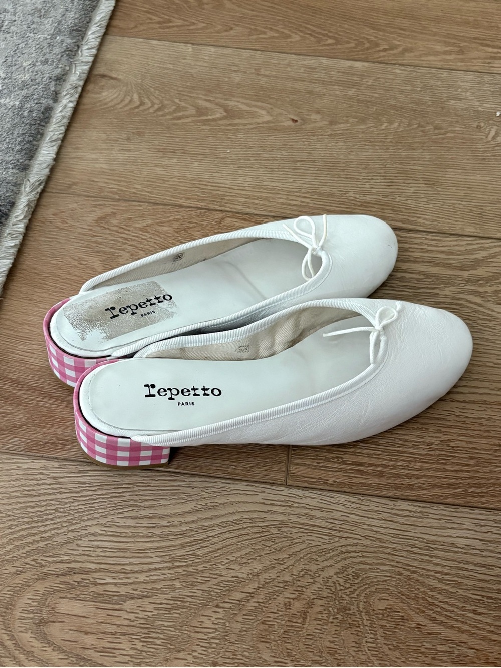 Repetto White Leather Ballet Flats with Pink Gingham Heel Accent